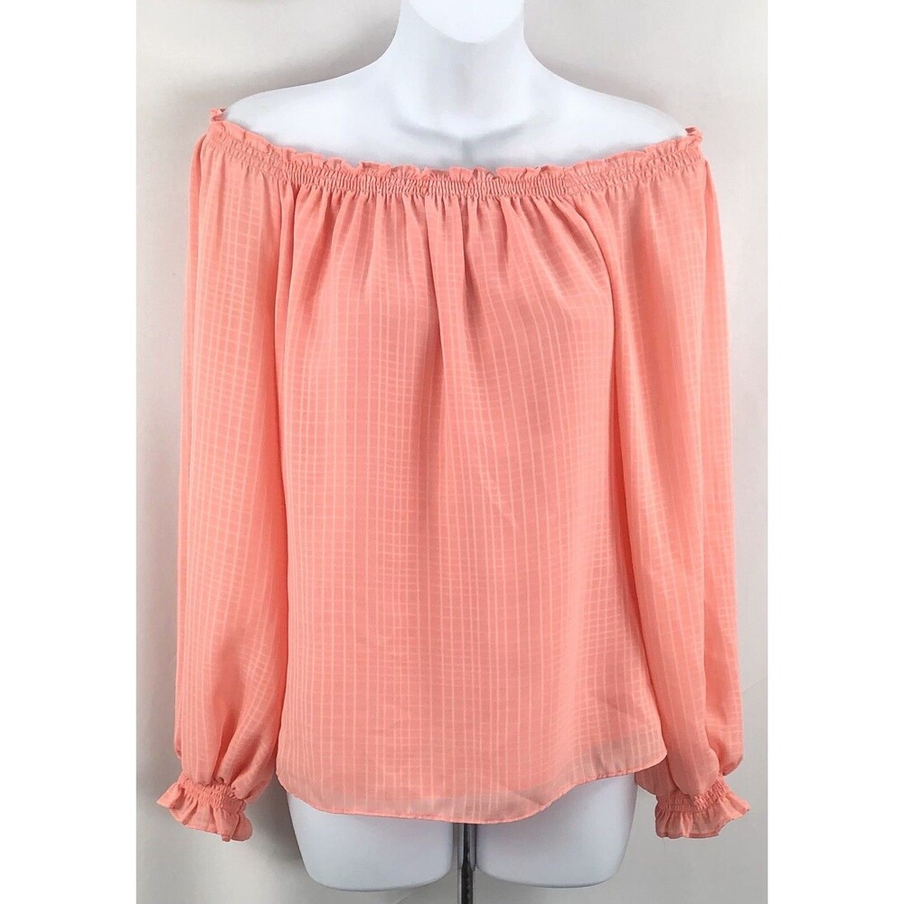 WHBM off shoulder chiffon top S peach check ruffles puffy sleeve smocked fairy